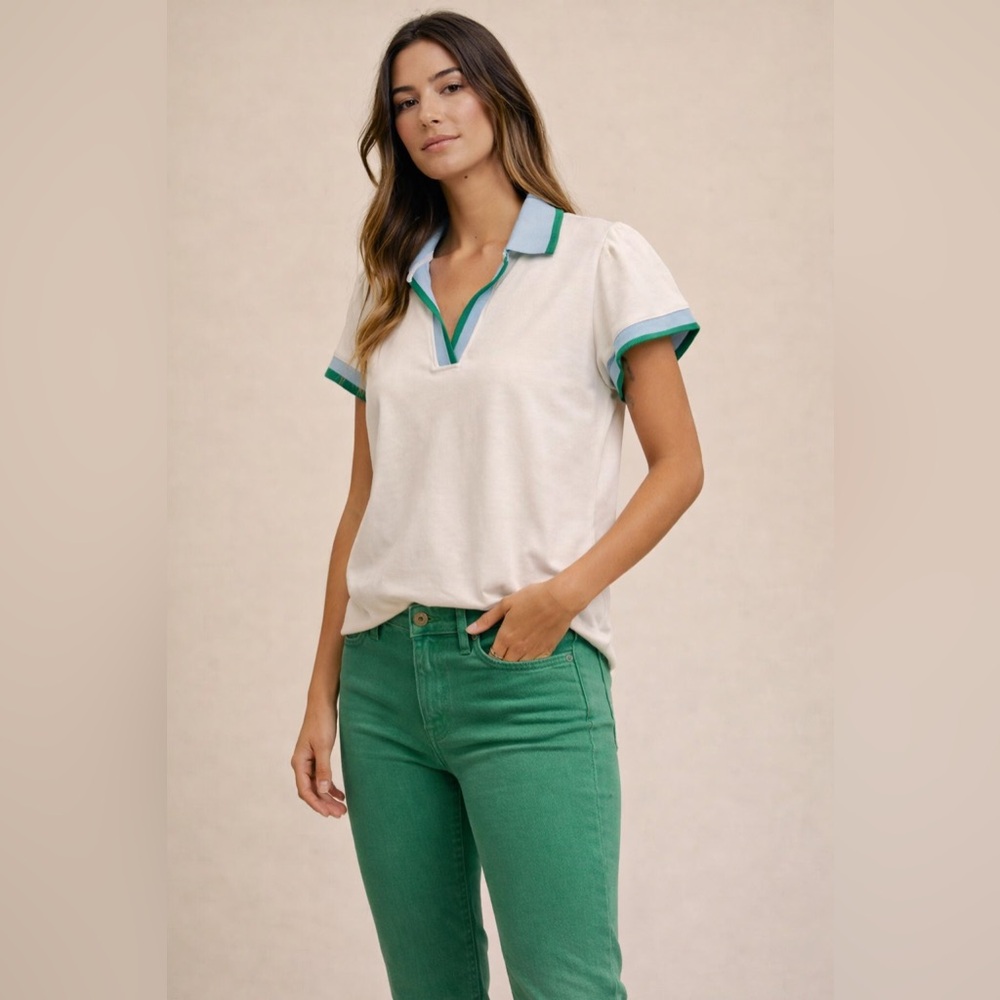 Blue and Green Detail Puff Sleeve Polo Top- XL